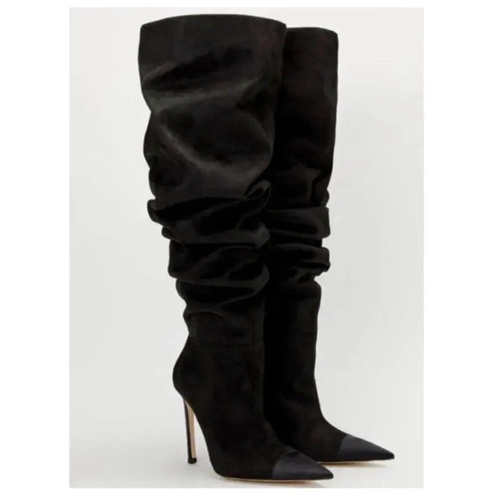 Good American Over the Knee Slouch Suede Boots Black GA173K-X Women's 7.5 NWOB